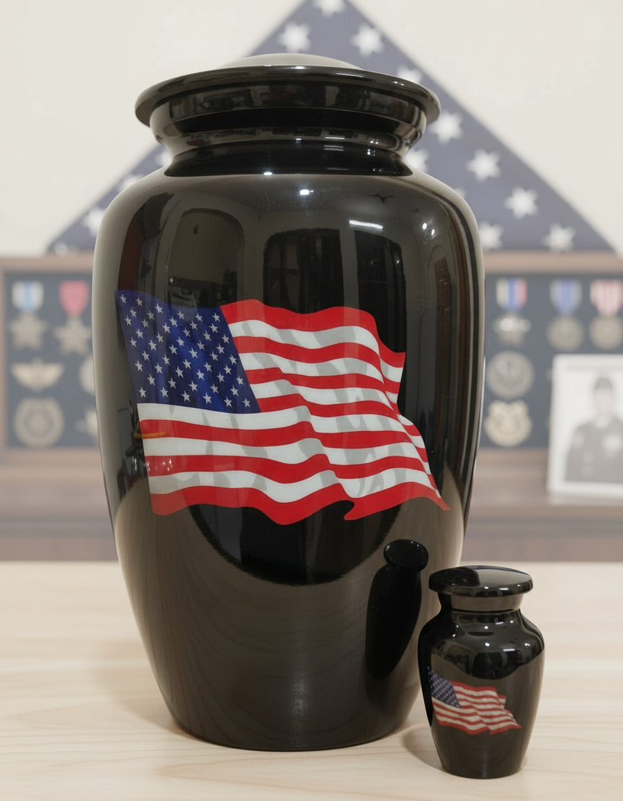 Black urn with American flag design on a wooden surface, with a flag and photo in the background. since the urn is black make the background items a light color or shade.