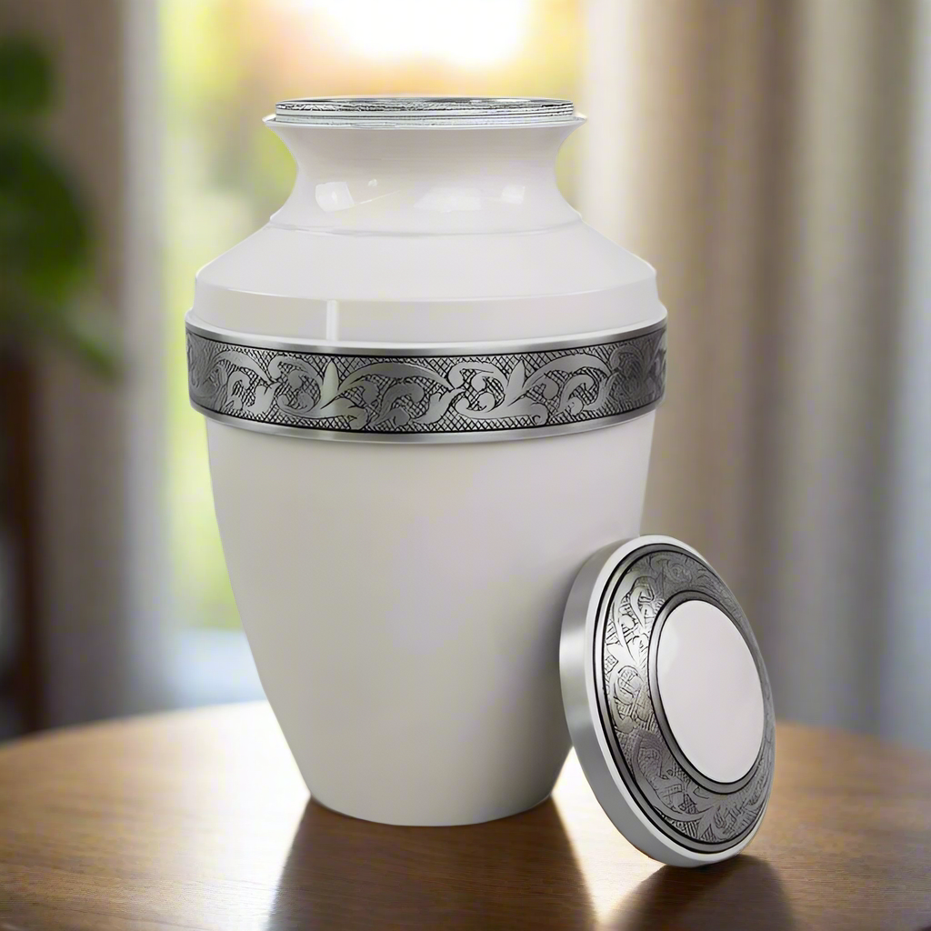 White Floral Band 10' Full Size Urn