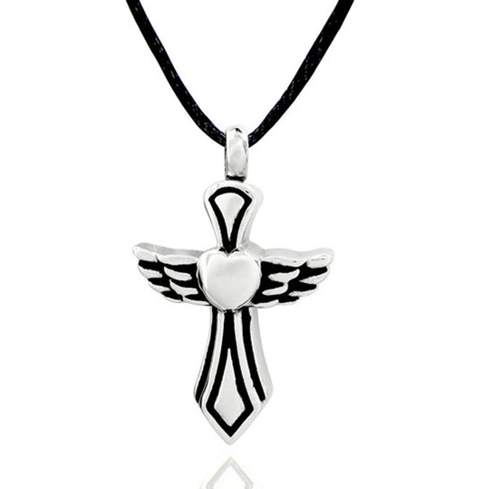 #154 Winged Cross Heart Ashes Necklace Pendant