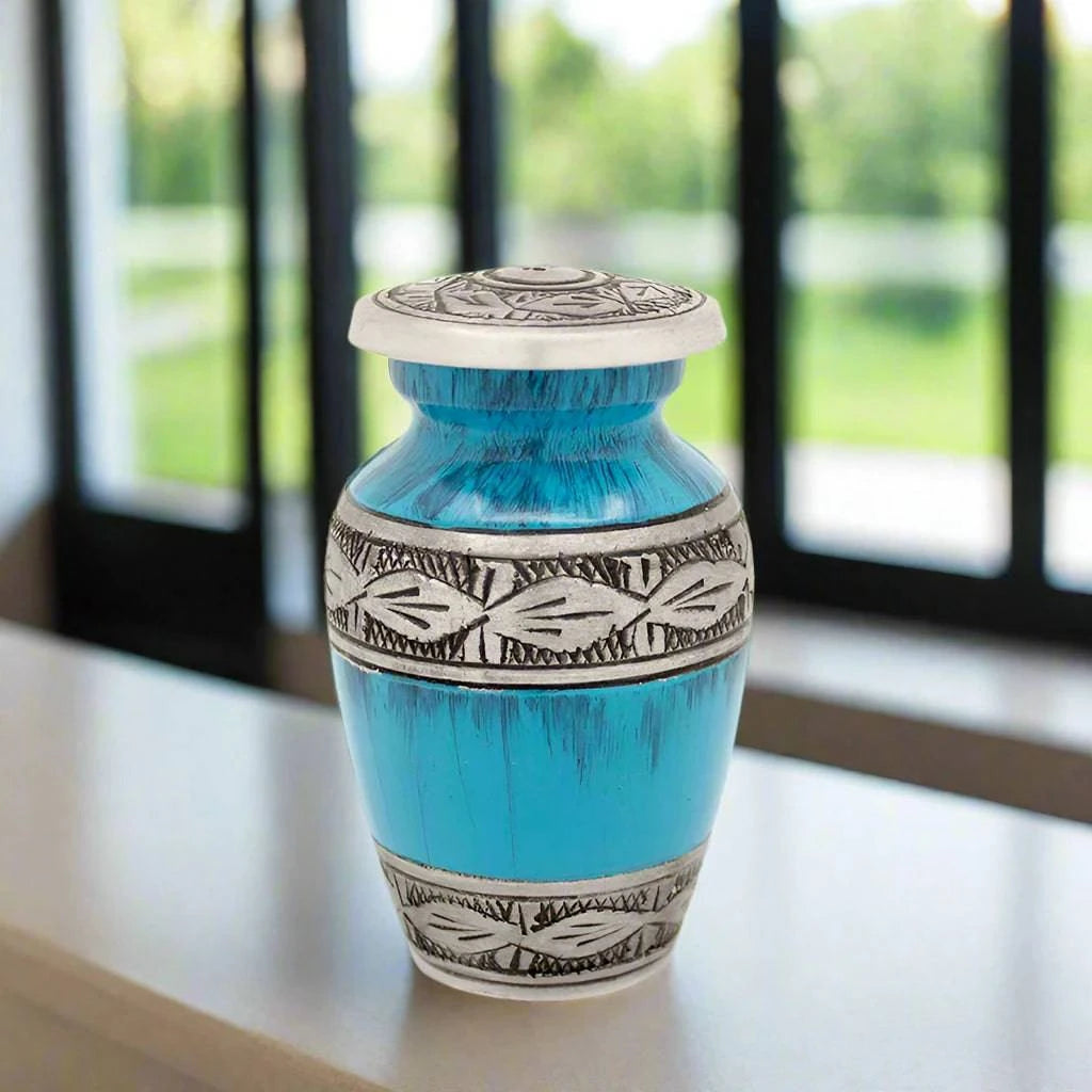 Turquoise and Blue Streaked Keepsake Urn with Floral Band Keepsake Urn NFY