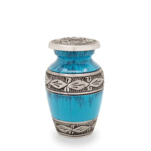 Turquoise and Blue Streaked Keepsake Urn with Floral Band